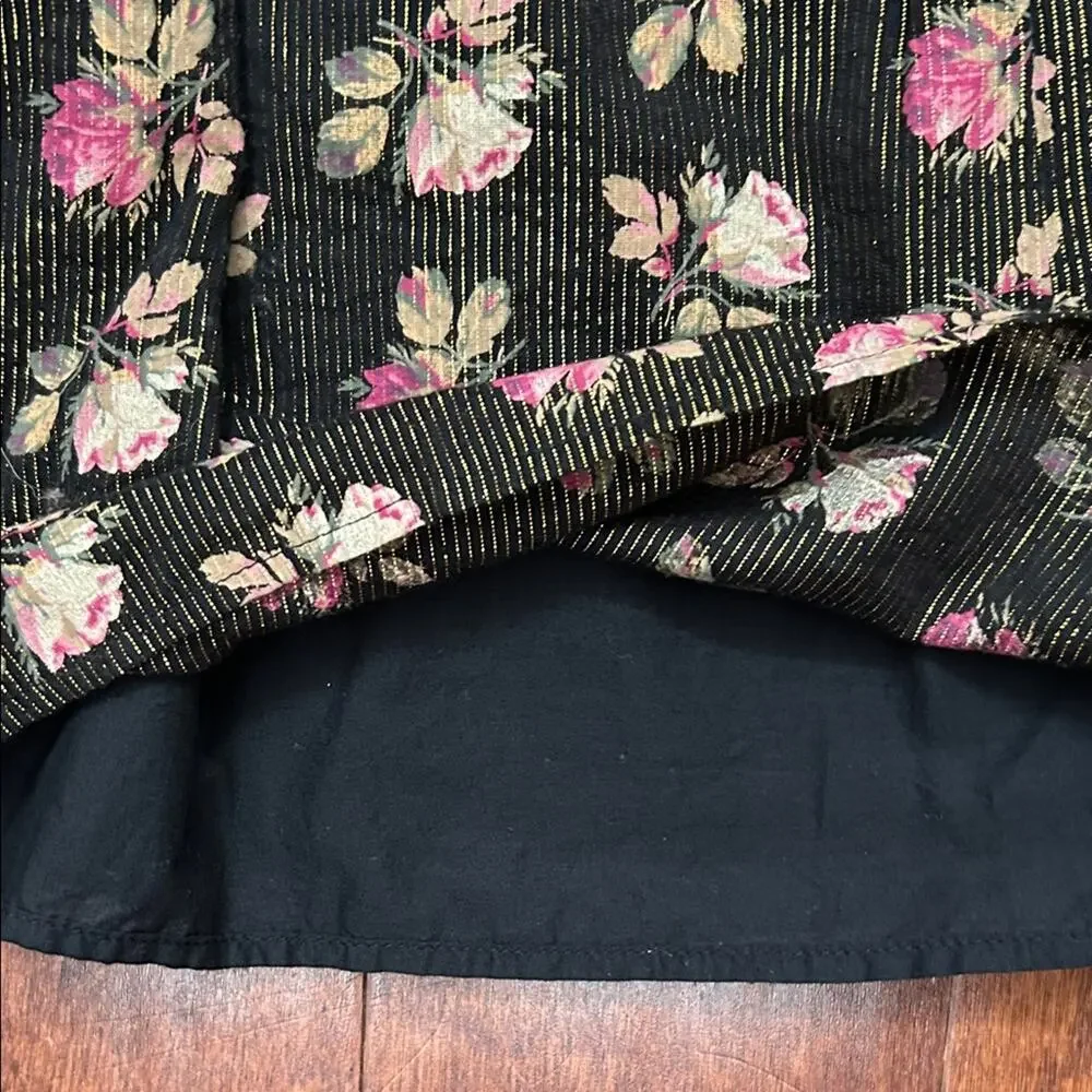 GAP Black Floral Kids Dress with Metallic Gold Thread Throughout, Size M/8